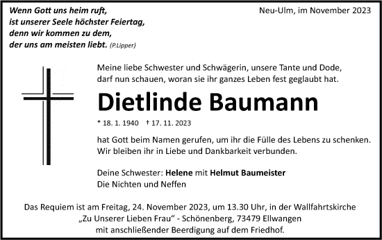 Traueranzeige von Dietlinde Baumann von SÜDWEST PRESSE Ausgabe Ulm/Neu-Ulm