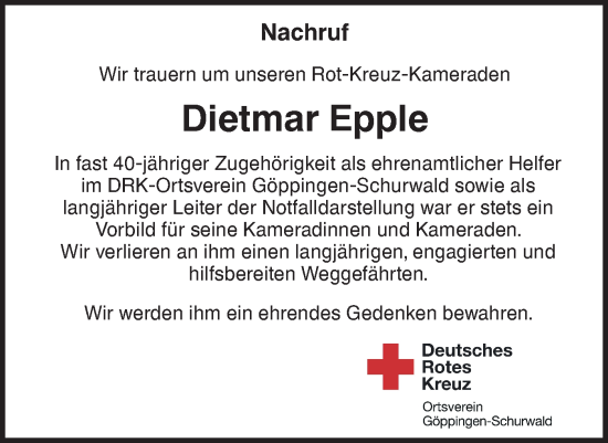 Traueranzeige von Dietmar Epple von NWZ Neue Württembergische Zeitung/Geislinger Zeitung