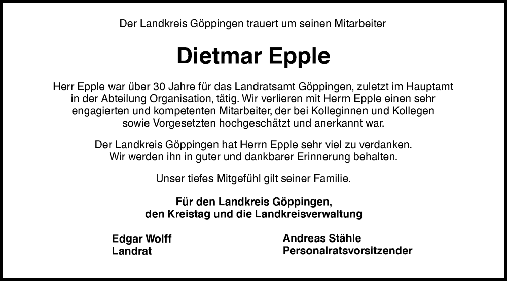  Traueranzeige für Dietmar Epple vom 04.11.2023 aus NWZ Neue Württembergische Zeitung/Geislinger Zeitung