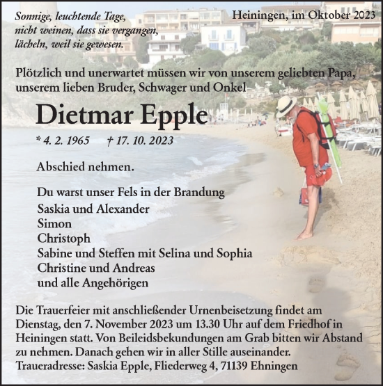 Traueranzeige von Dietmar Epple von NWZ Neue Württembergische Zeitung