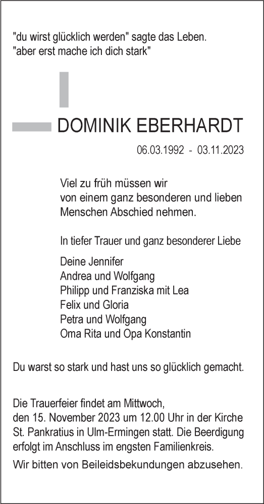 Traueranzeige von Dominik Eberhardt von SÜDWEST PRESSE Ausgabe Ulm/Neu-Ulm