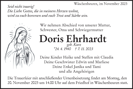 Traueranzeige von Doris Ehrhardt von NWZ Neue Württembergische Zeitung