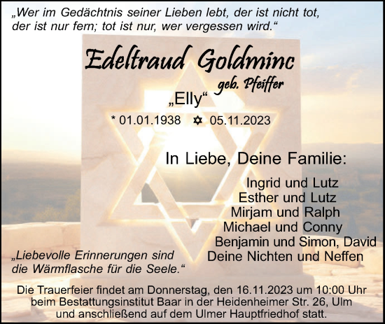 Traueranzeige von Edeltraud Goldminc von SÜDWEST PRESSE Ausgabe Ulm/Neu-Ulm