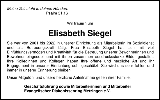 Traueranzeige von Elisabeth Siegel von SÜDWEST PRESSE/SÜDWEST PRESSE
