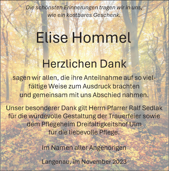 Traueranzeige von Elise Hornmel von SÜDWEST PRESSE Ausgabe Ulm/Neu-Ulm