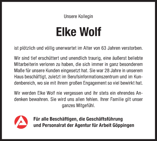 Traueranzeige von Elke Wolf von NWZ Neue Württembergische Zeitung