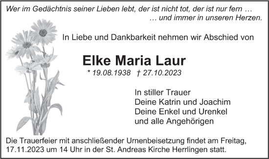 Traueranzeige von Elke Maria Laur von SÜDWEST PRESSE Ausgabe Ulm/Neu-Ulm