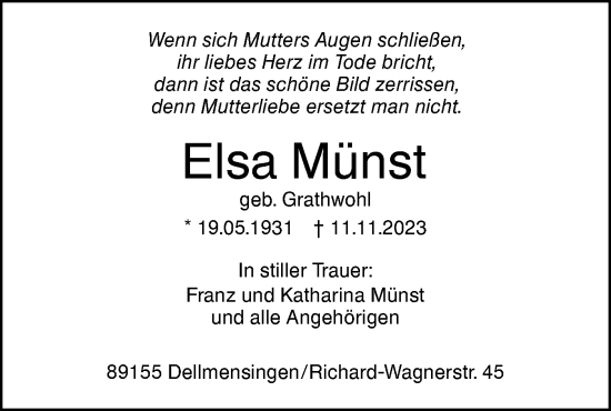 Traueranzeige von Elsa Münst von SÜDWEST PRESSE Ausgabe Ulm/Neu-Ulm