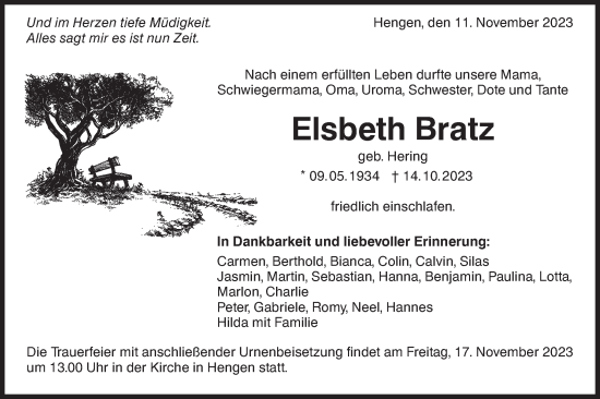 Traueranzeige von Elsbeth Bratz von Alb-Bote/Metzinger-Uracher Volksblatt