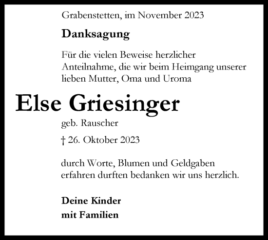 Traueranzeige von Else Griesinger von Alb-Bote/Metzinger-Uracher Volksblatt