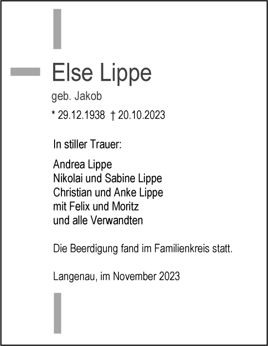 Traueranzeige von Else Lippe von SÜDWEST PRESSE Ausgabe Ulm/Neu-Ulm