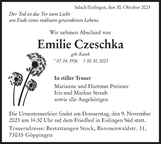 Traueranzeige von Emilie Czeschka von NWZ Neue Württembergische Zeitung