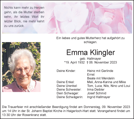 Traueranzeige von Emma Klingler von Hohenzollerische Zeitung