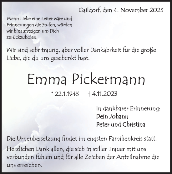 Traueranzeige von Emma Pickermann von Rundschau Gaildorf