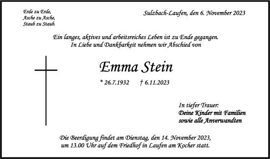 Traueranzeige von Emma Stein von Rundschau Gaildorf