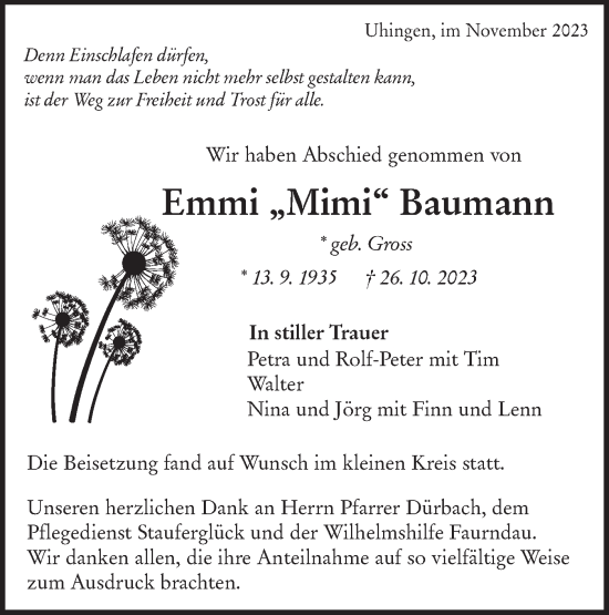 Traueranzeige von Emmi Baumann von NWZ Neue Württembergische Zeitung