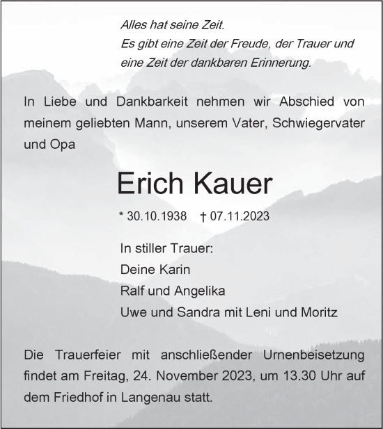 Traueranzeige von Erich Kauer von SÜDWEST PRESSE Ausgabe Ulm/Neu-Ulm