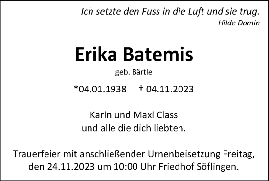 Traueranzeige von Erika Batemis von SÜDWEST PRESSE Ausgabe Ulm/Neu-Ulm