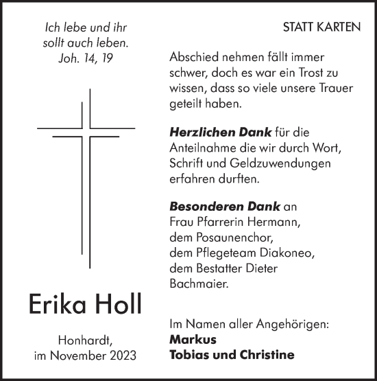 Traueranzeige von Erika Holl von Hohenloher Tagblatt