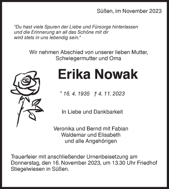 Traueranzeige von Erika Nowak von NWZ Neue Württembergische Zeitung