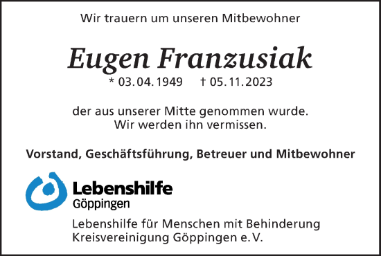 Traueranzeige von Eugen Franzusiak von NWZ Neue Württembergische Zeitung