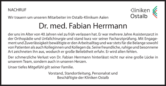 Traueranzeige von Fabian Herrmann von Haller Tagblatt