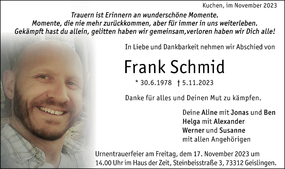  Traueranzeige für Frank Schmid vom 11.11.2023 aus Geislinger Zeitung