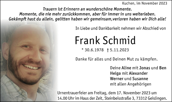 Traueranzeige von Frank Schmid von Geislinger Zeitung