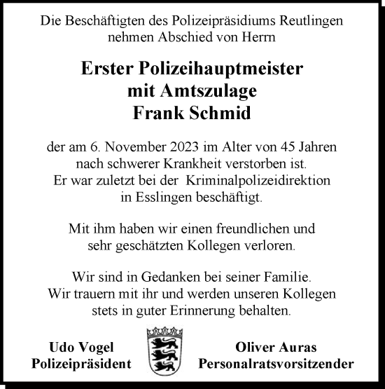 Traueranzeige von Frank Schmid von Geislinger Zeitung