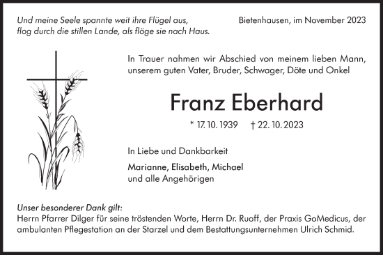 Traueranzeige von Franz Eberhard von Hohenzollerische Zeitung