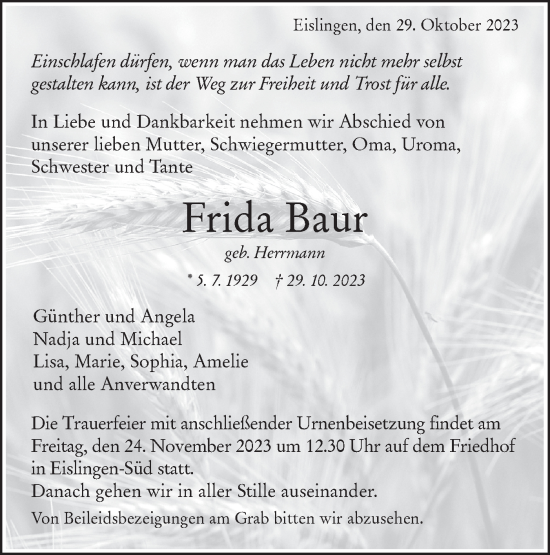 Traueranzeige von Frida Baur von NWZ Neue Württembergische Zeitung