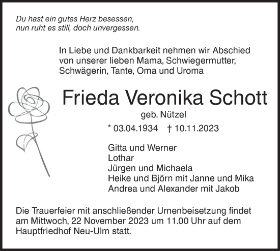 Traueranzeige von Frieda Veronika Schott von SÜDWEST PRESSE Ausgabe Ulm/Neu-Ulm