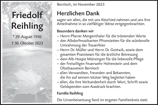 Traueranzeige von Friedolf Reihling von Alb-Bote/Metzinger-Uracher Volksblatt