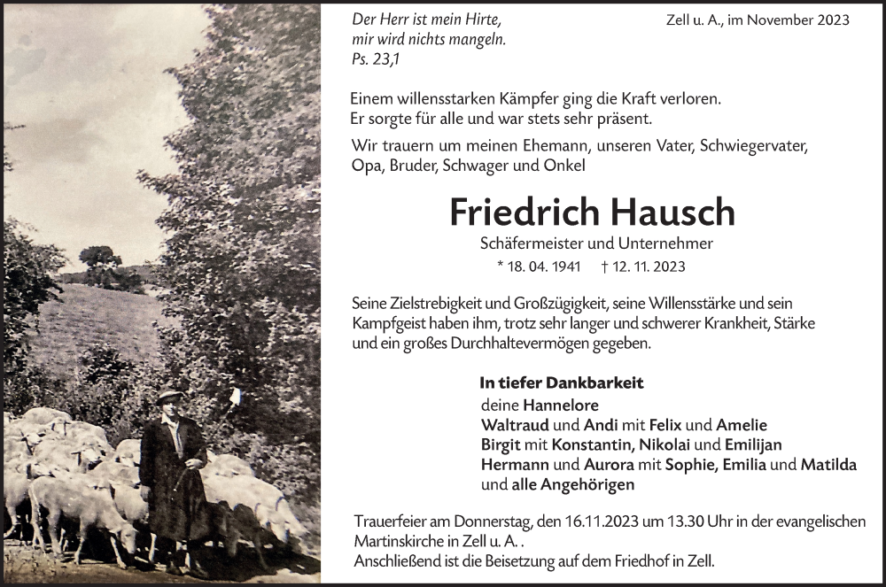  Traueranzeige für Friedrich Hausch vom 15.11.2023 aus NWZ Neue Württembergische Zeitung