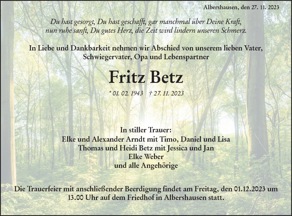  Traueranzeige für Fritz Betz vom 29.11.2023 aus NWZ Neue Württembergische Zeitung