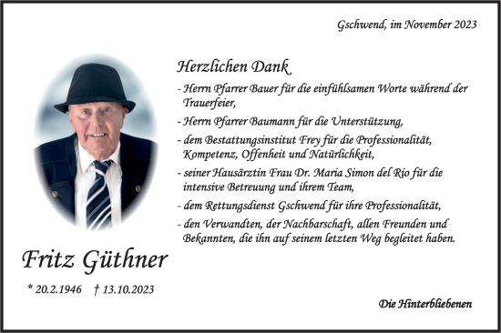 Traueranzeige von Fritz Güthner von Rundschau Gaildorf