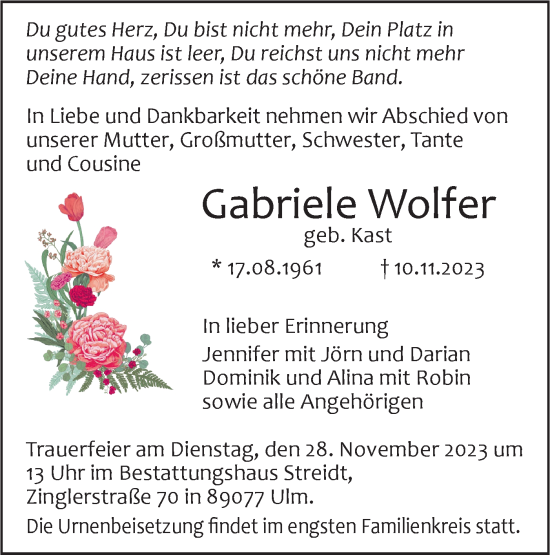 Traueranzeige von Gabriele Wolfer von SÜDWEST PRESSE Ausgabe Ulm/Neu-Ulm