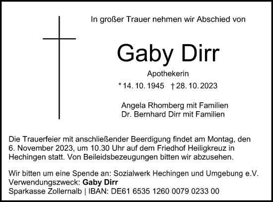 Traueranzeige von Gaby Dirr von Hohenzollerische Zeitung