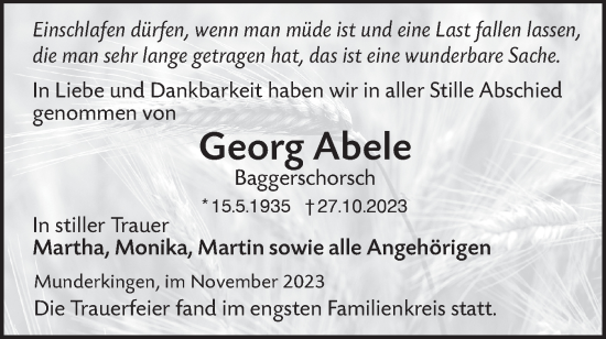 Traueranzeige von Georg Abele von Ehinger Tagblatt