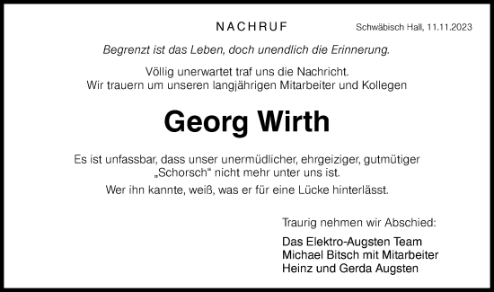 Traueranzeige von Georg Wirth von Haller Tagblatt