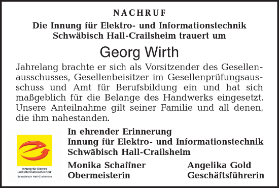 Traueranzeige von Georg Wirth von Haller Tagblatt