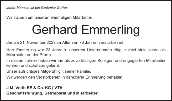 Traueranzeige von Gerhard Emmerling von Hohenloher Tagblatt