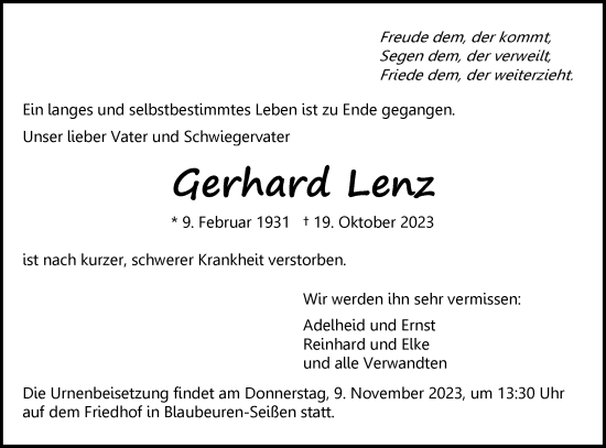 Traueranzeige von Gerhard Lenz von SÜDWEST PRESSE Ausgabe Ulm/Neu-Ulm