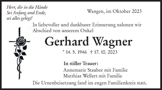 Traueranzeige von Gerhard Wagner von NWZ Neue Württembergische Zeitung