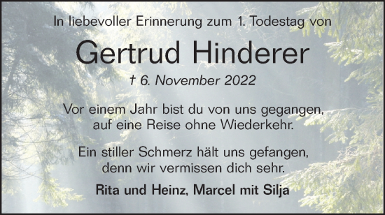 Traueranzeige von Gertrud Hinderer von Rundschau Gaildorf