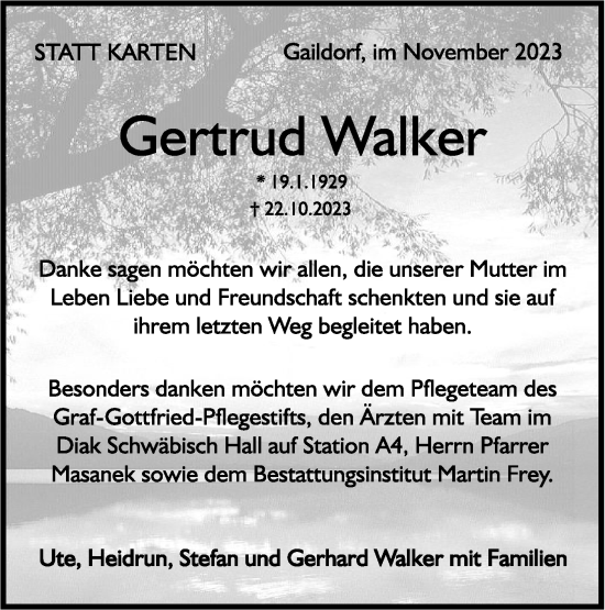 Traueranzeige von Gertrud Walker von Rundschau Gaildorf