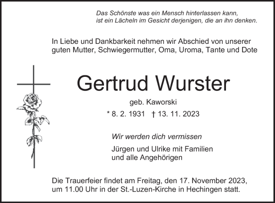 Traueranzeige von Gertrud Wurster von Hohenzollerische Zeitung