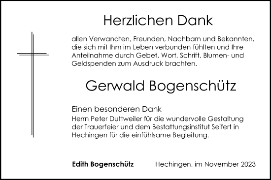 Traueranzeige von Gerwald Bogenschütz von Hohenzollerische Zeitung