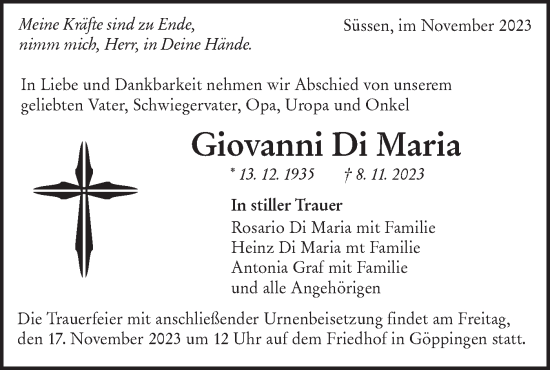 Traueranzeige von Giovanni Di Maria von NWZ Neue Württembergische Zeitung