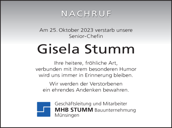 Traueranzeige von Gisela Stumm von Alb-Bote